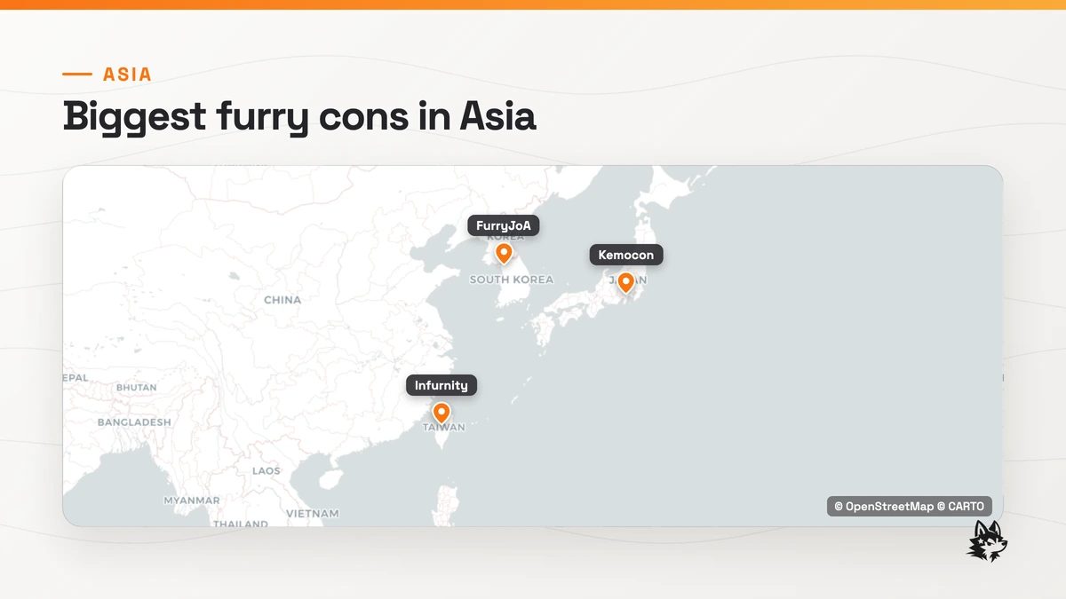 Map of Asia with three furry conventions pinned: FurryJoA in South Korea, Kemocon in Japan, and Infurnity in Taiwan.